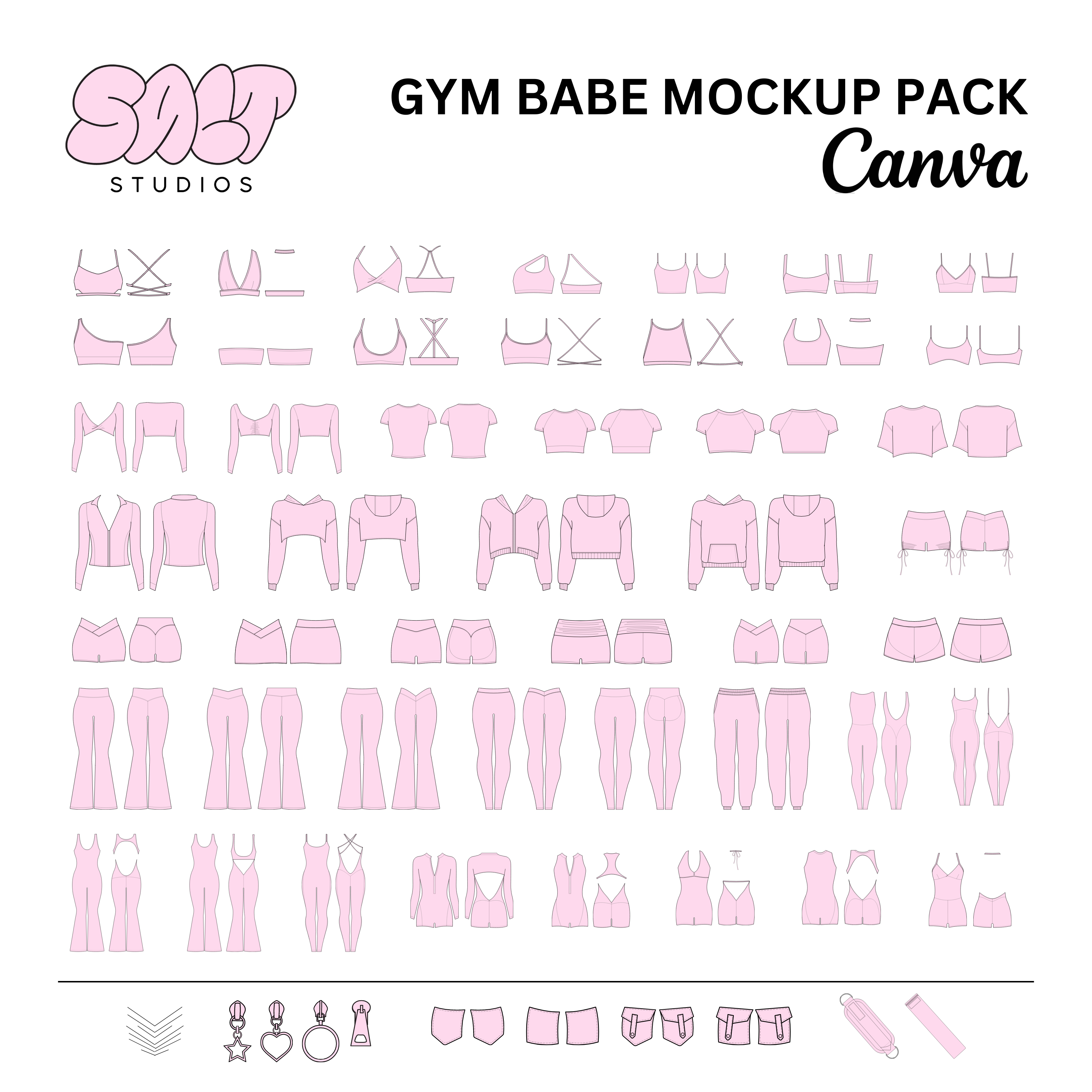 A picture displaying all the mockups in the Gym Babe Mockup Pack