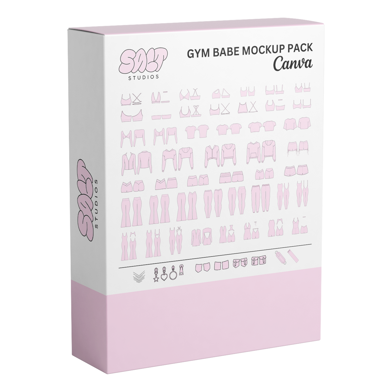 A picture displaying all the mockups in the Gym Babe Mockup Pack