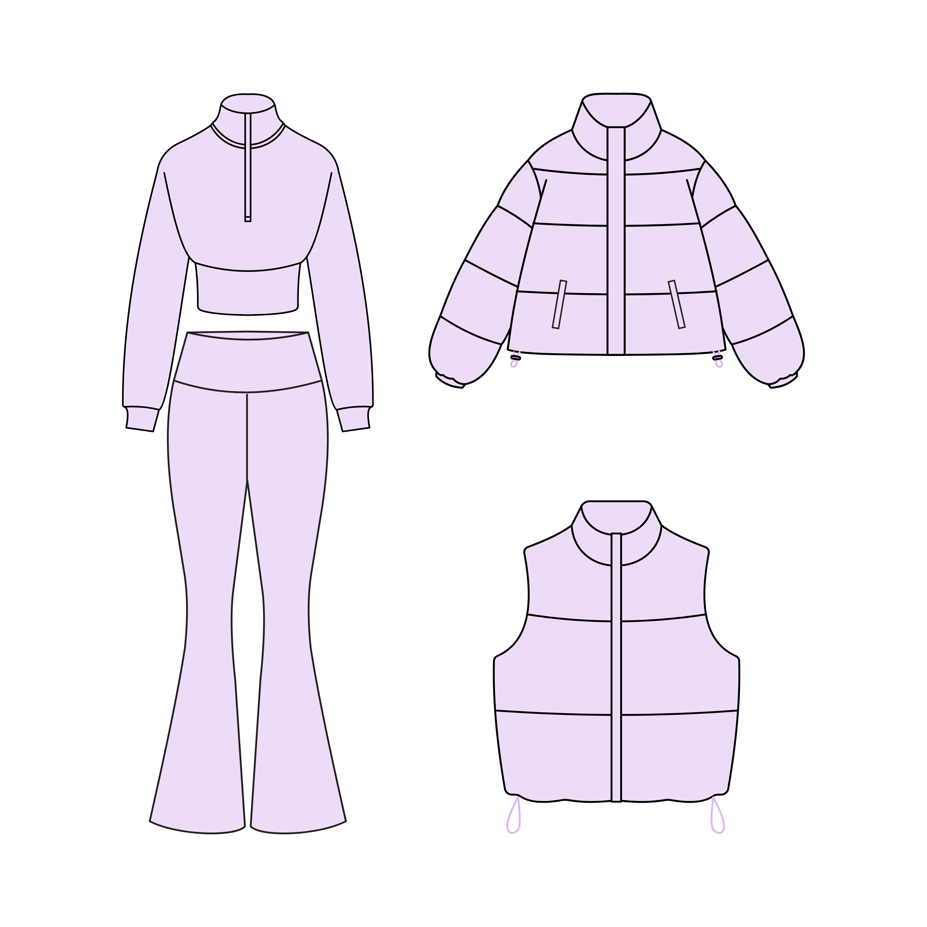 A purple lounge set, a purple puffer jacket, and purple puffer vest from the That Girl Mockup Pack