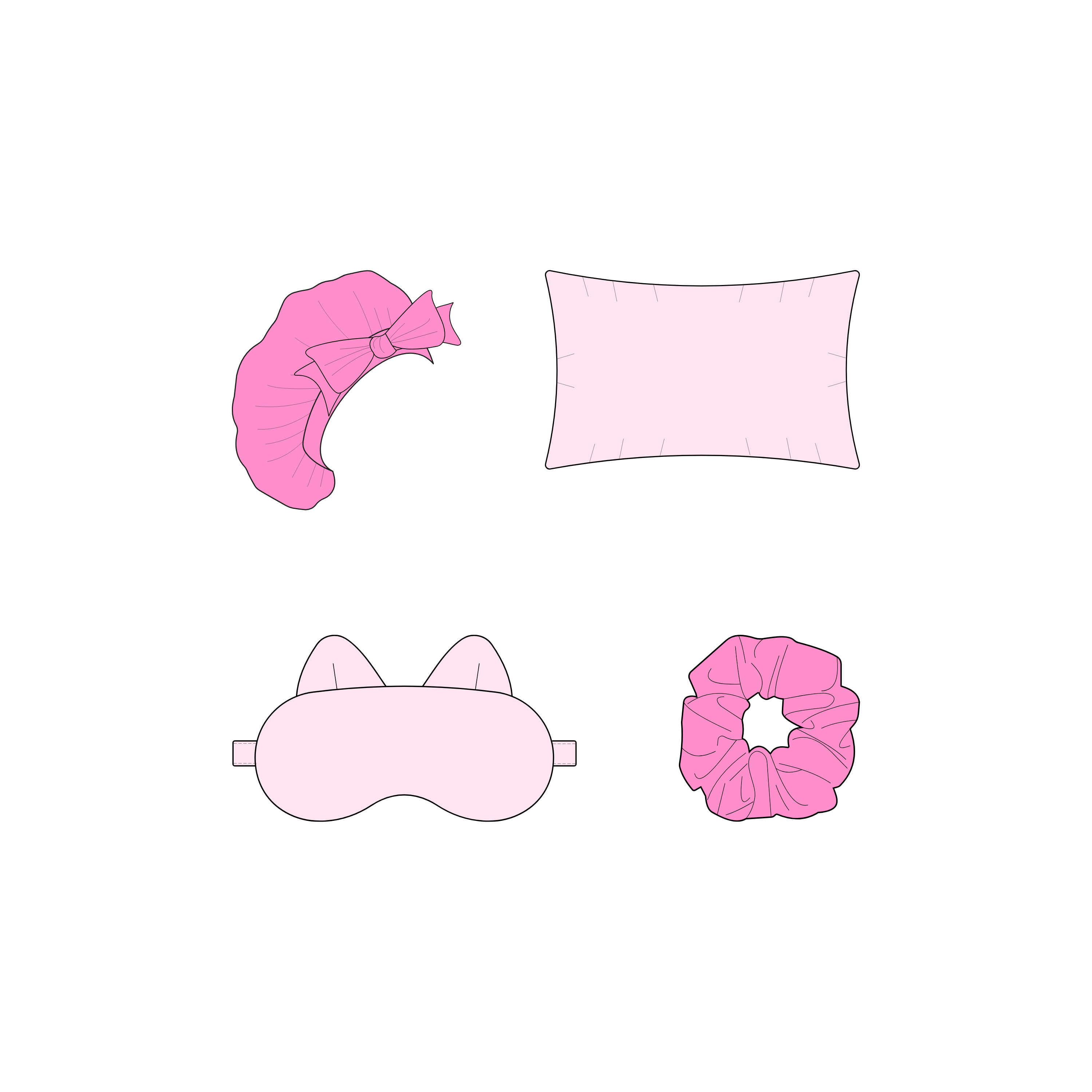 A bonnet, a pillow, a cat ear sleeping mask, and a scrunchie from the Sleepy Girl Mockup Pack